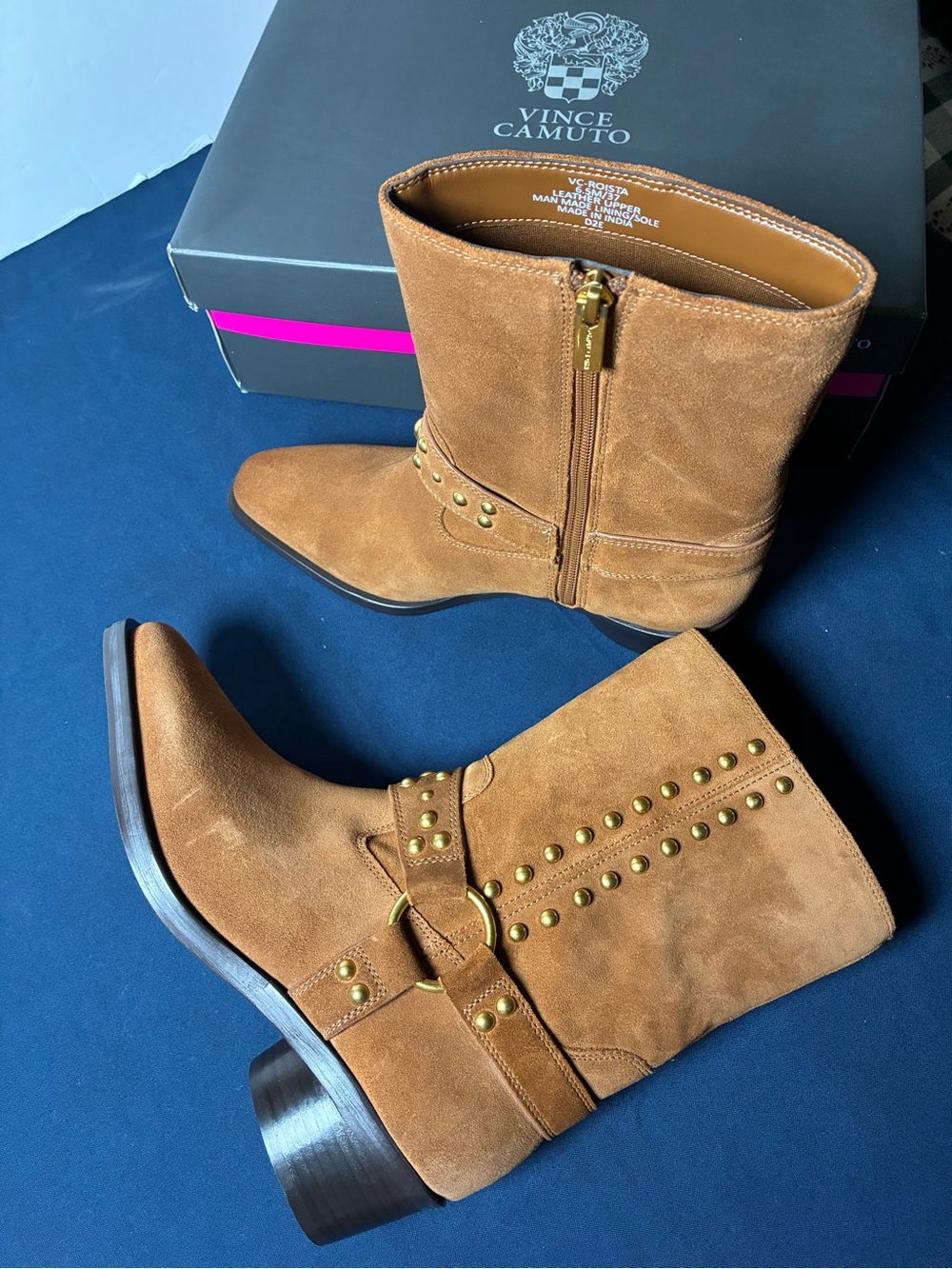 Vince Camuto Men's Suede Mid-Calf Boots in Cognac with Gold Studs